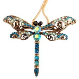 BETSEY JOHNSON Dragonfly bling statement chain crystal necklace gold blue NEW